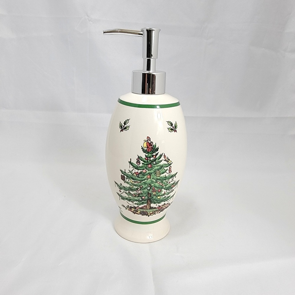 Spode Christmas Tree Soap Lotion Dispenser Ivory Green Ceramic Holiday Pump